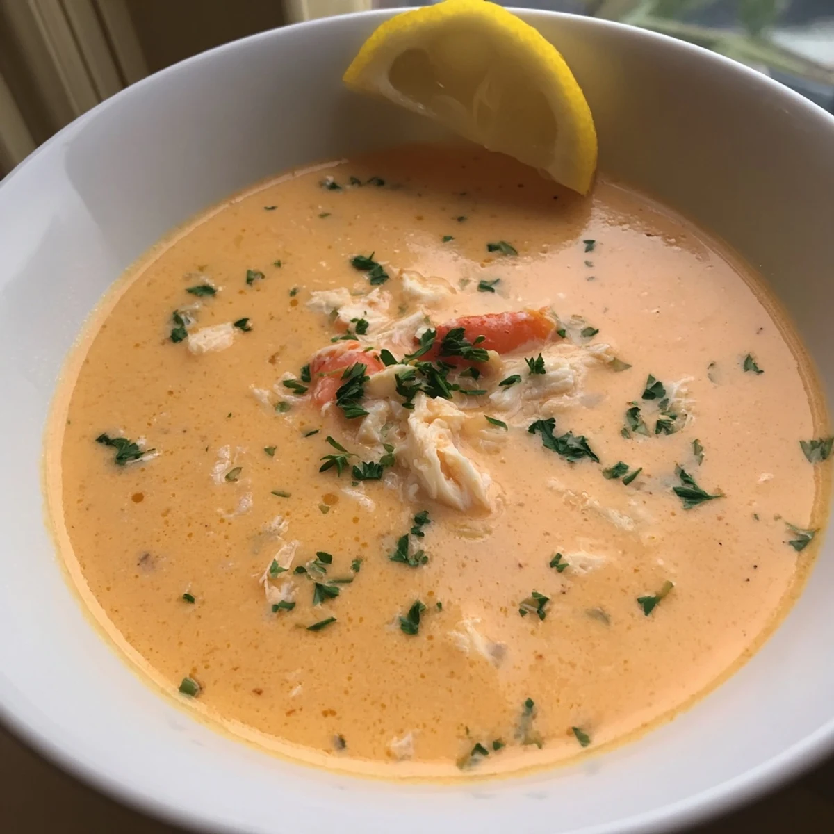 Golden crab and shrimp bisque ladled into a bowl with a lemon wedge