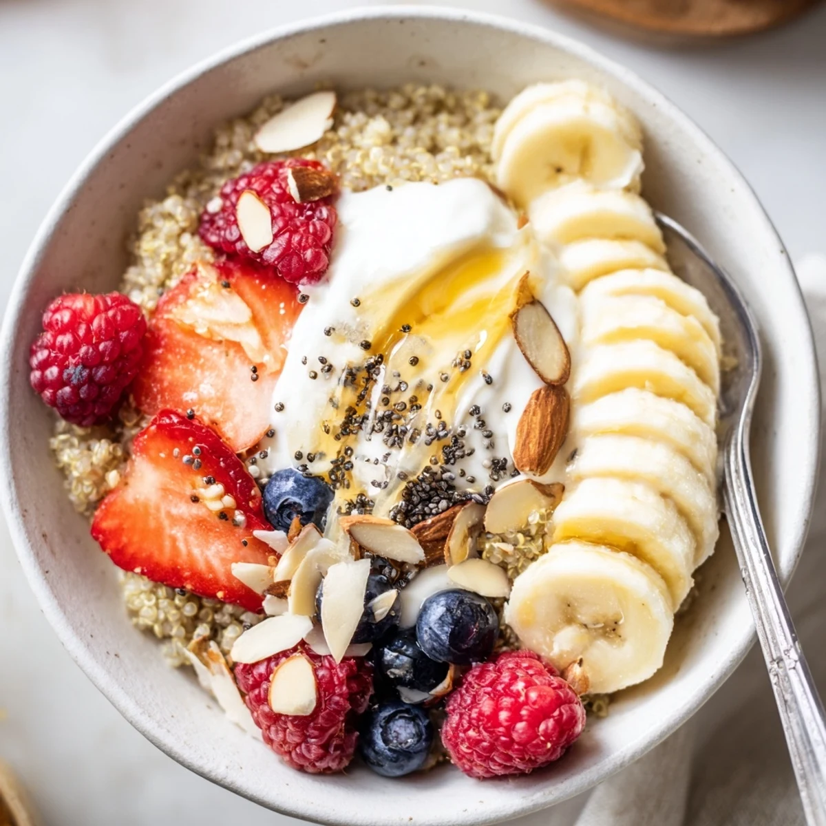 Quinoa Breakfast Bowl with fluffy grains, ripe berries, creamy yogurt drizzle