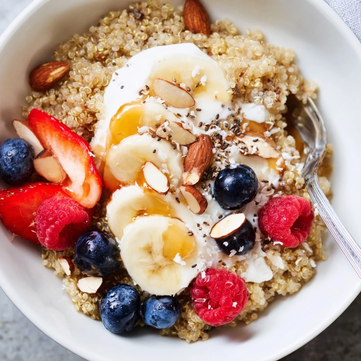 Warm Quinoa Breakfast Bowl topped with sliced banana, crunchy nuts, honey