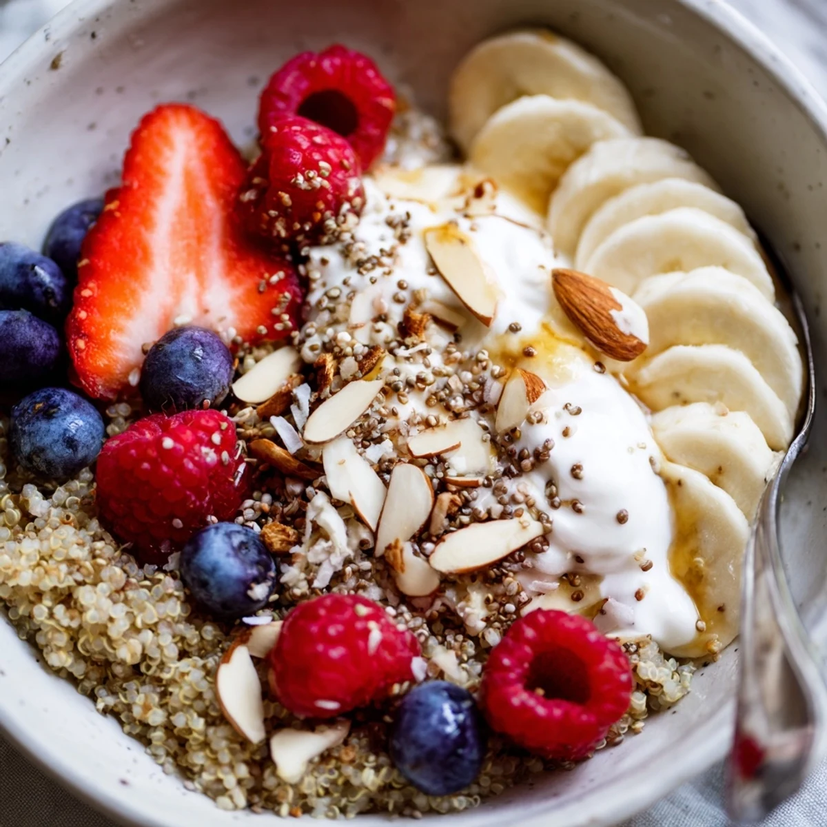 Steaming Quinoa Breakfast Bowl garnished with berries, chia seeds, toasted coconut