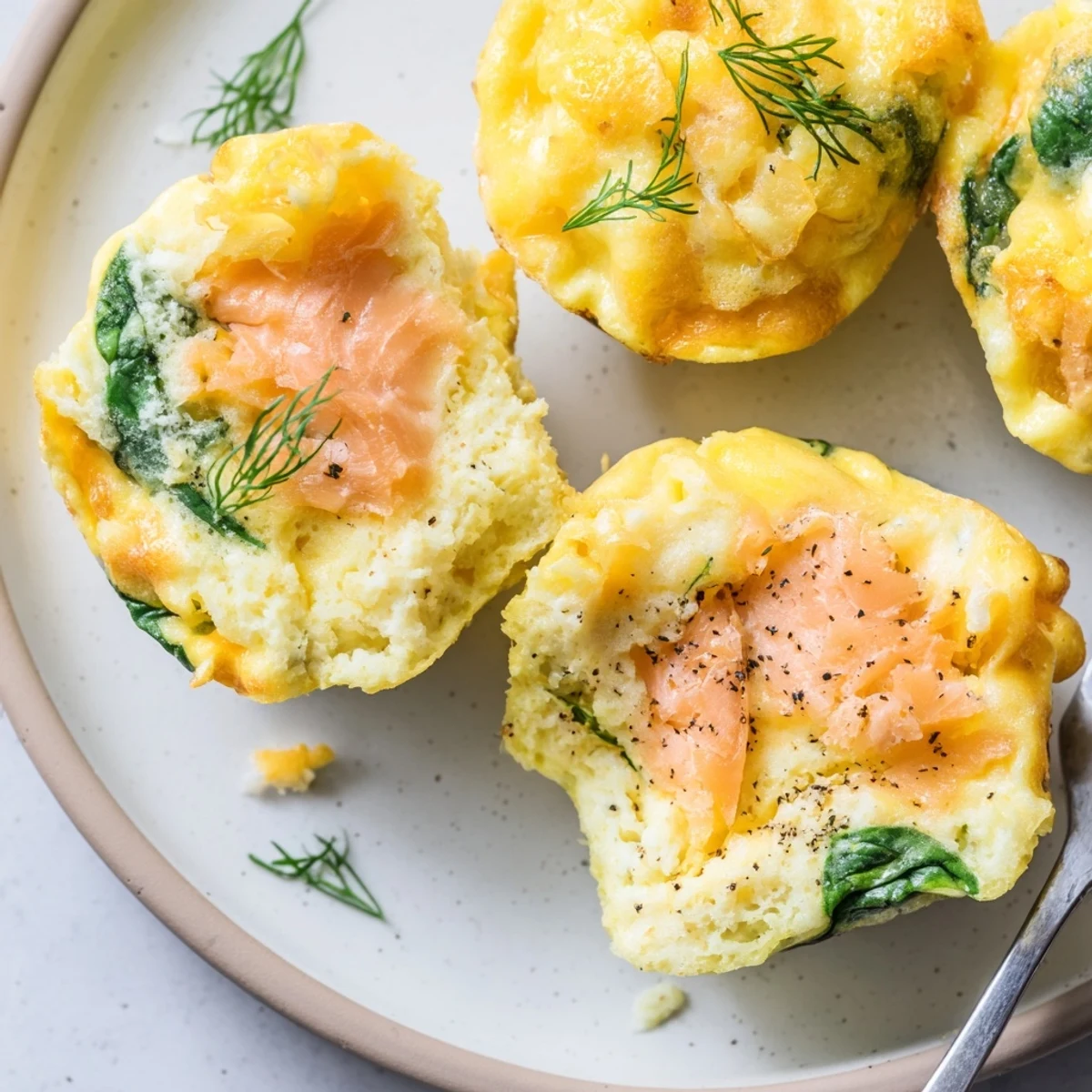 Smoked Salmon Egg Muffins with golden tops, fluffy centers, dill garnish