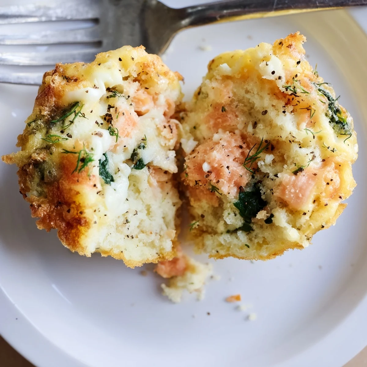 Warm Smoked Salmon Egg Muffins steaming on plate, creamy cheese and herbs