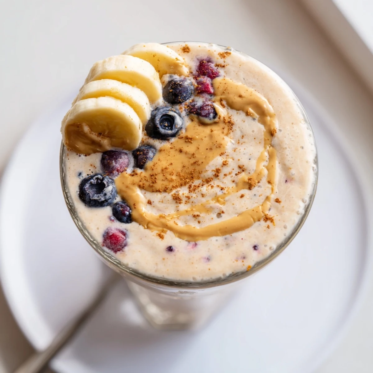 Creamy High Protein Smoothie in a glass, topped with chia seeds, ready.