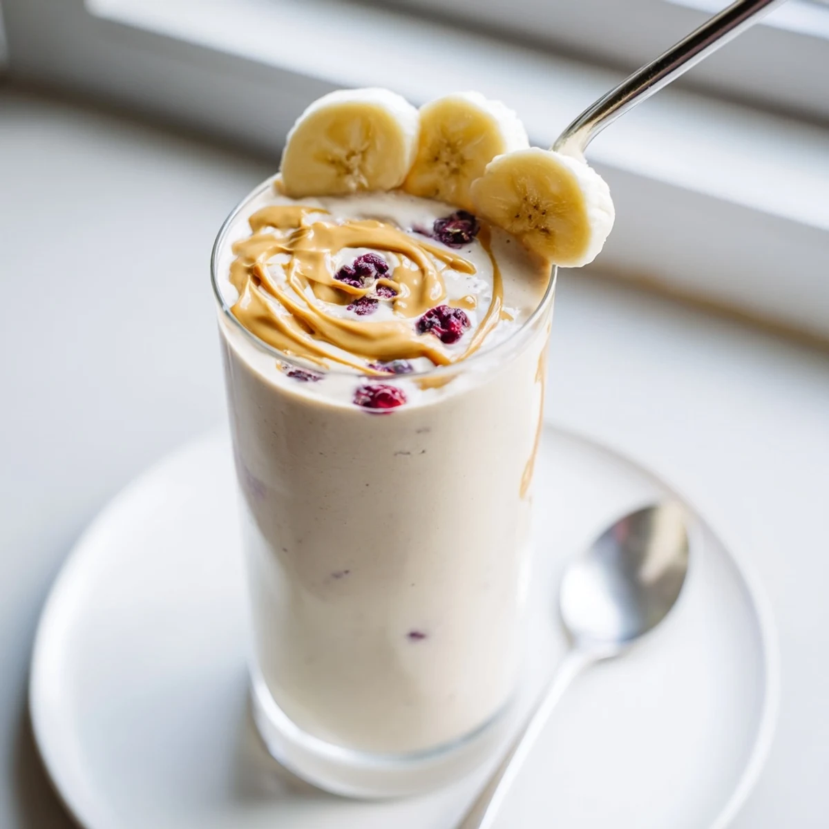 Morning High Protein Smoothie with banana and peanut butter, silky and energizing.