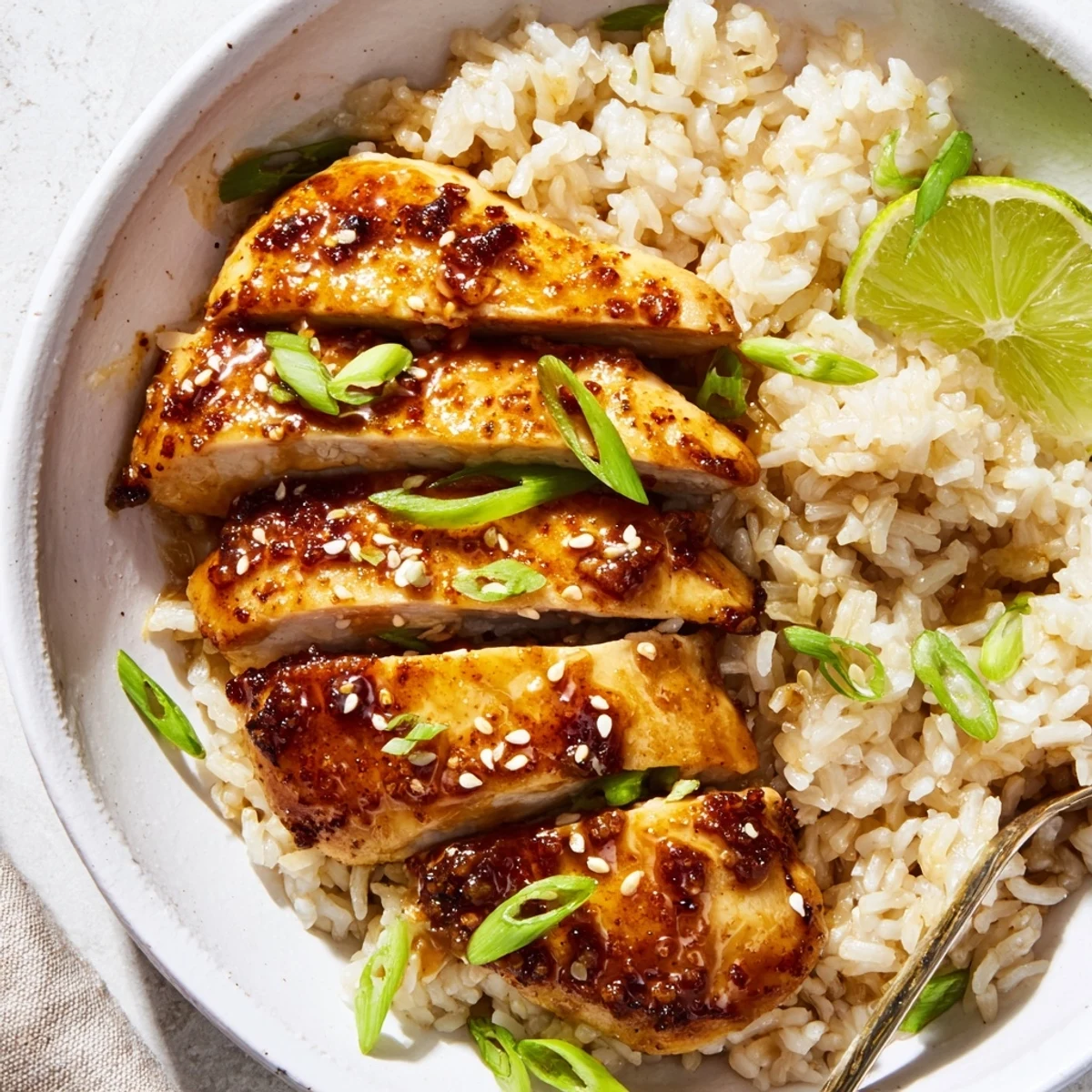 Spicy Maple Chicken And Coconut Rice plated with glossy maple glaze, fragrant rice  