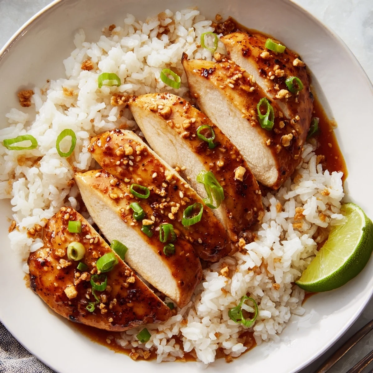Sliced Spicy Maple Chicken And Coconut Rice garnished with lime wedge and scallions  