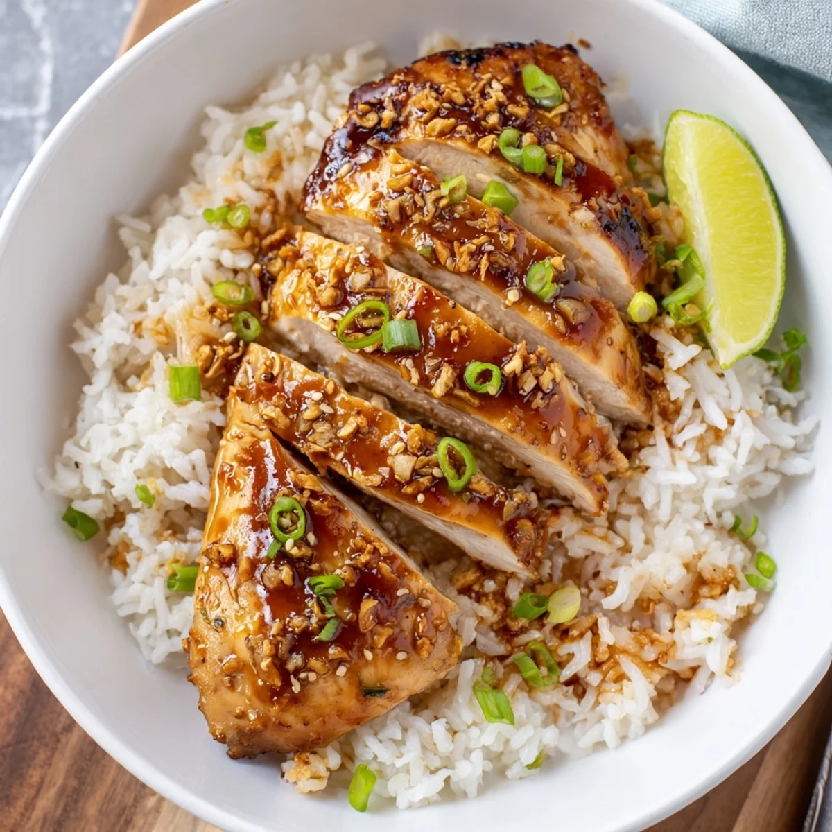 Juicy Spicy Maple Chicken And Coconut Rice topped with toasted sesame and lime