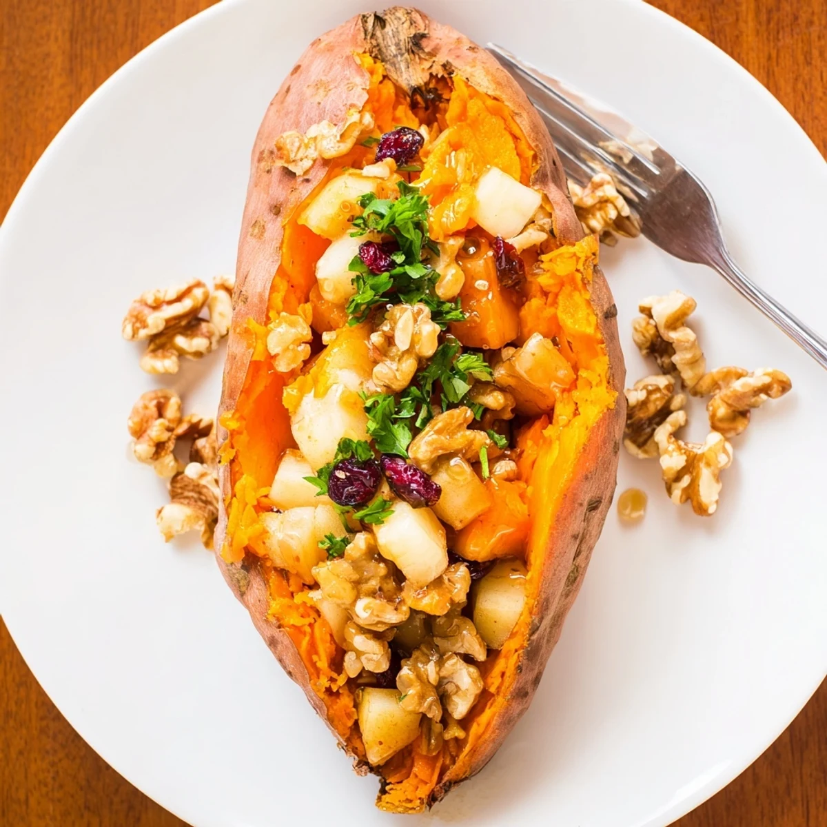 Oven-roasted Stuffed Sweet Potatoes With Apples, cinnamon aroma, walnut crunch, warm.