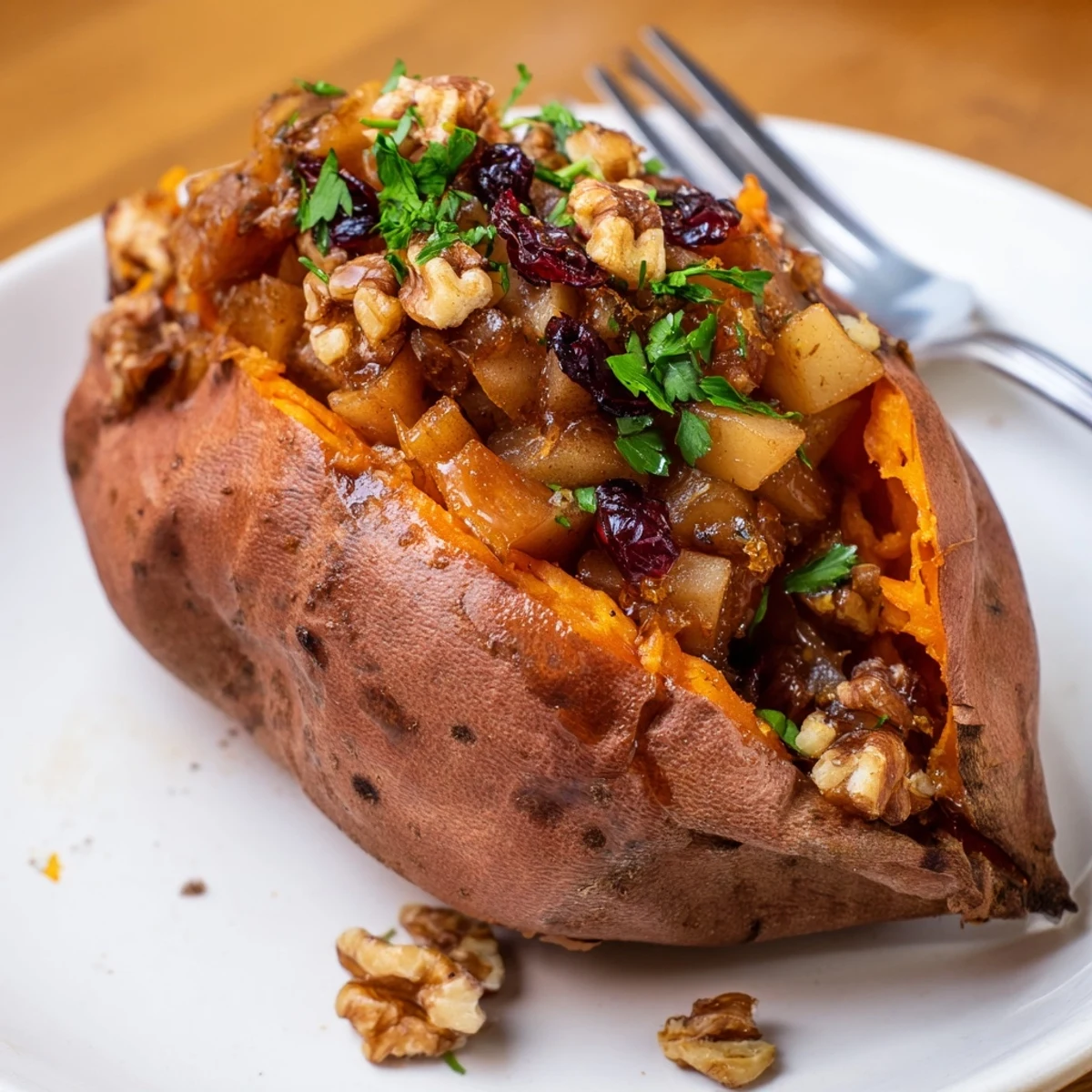 Baked Stuffed Sweet Potatoes With Apples, maple-glazed apples spilling, garnished with parsley.