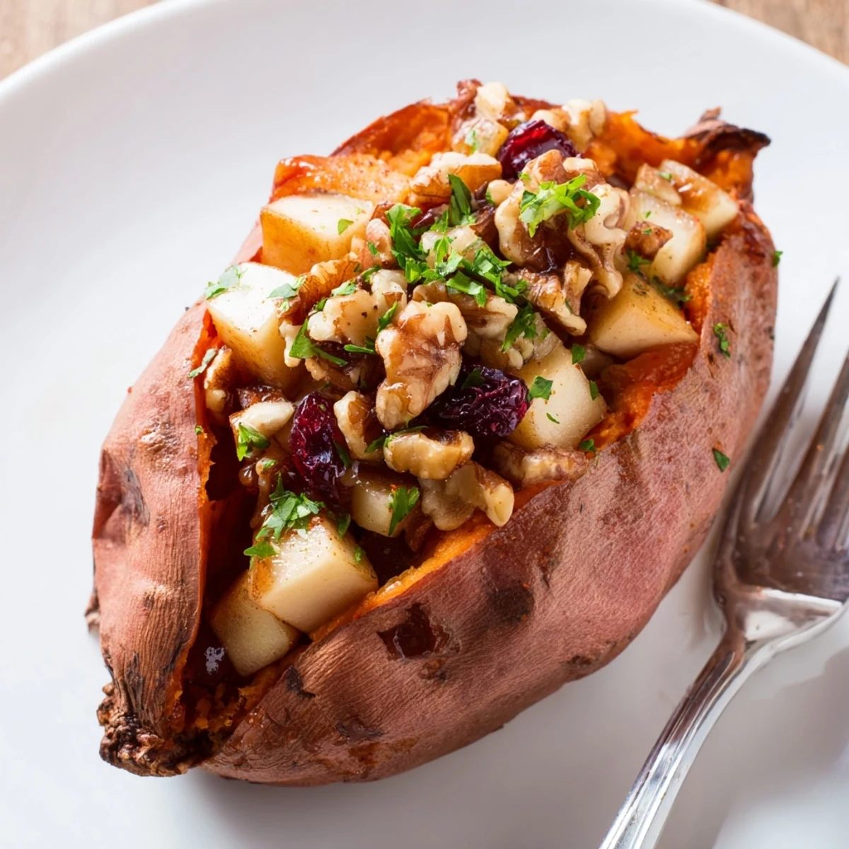 Hearty vegetarian Stuffed Sweet Potatoes With Apples topped with crunchy walnuts and cranberries.