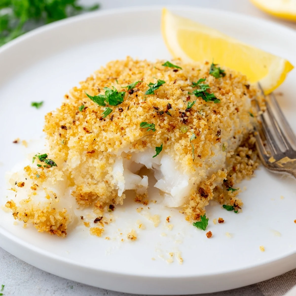 Boston Baked Cod with golden breadcrumb crust, lemon wedges and parsley.