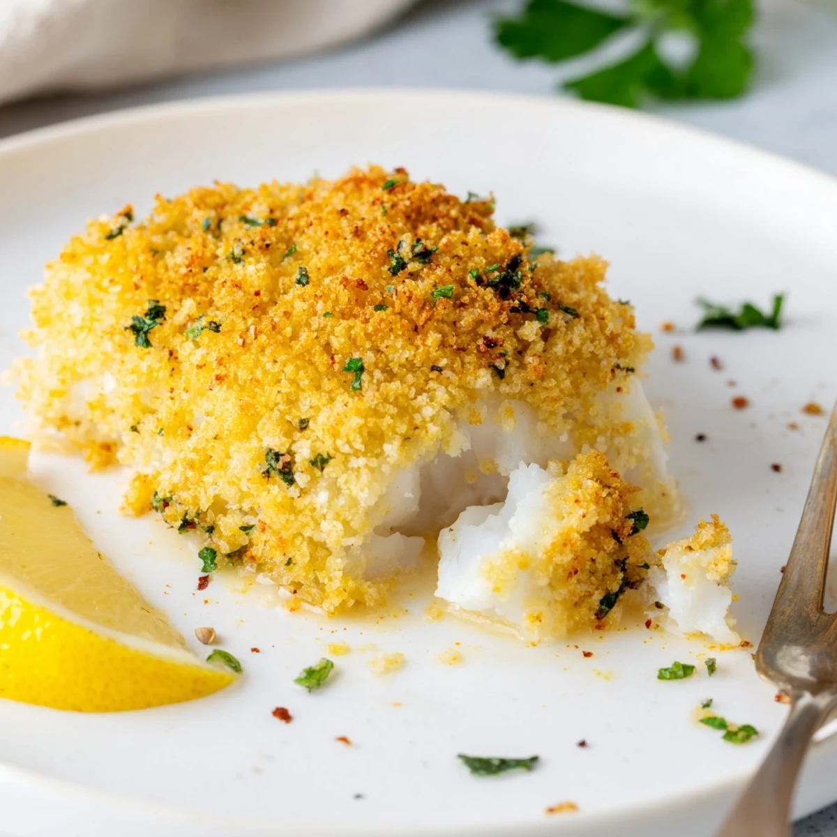 Served hot, Boston Baked Cod rests on baking dish, flaky, buttery.