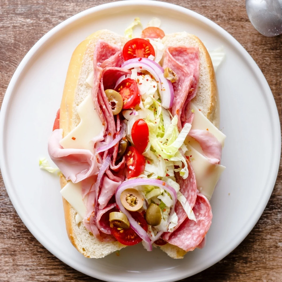 Italian Grinder Salad Sandwich piled high with crisp lettuce and pepperoncini tang