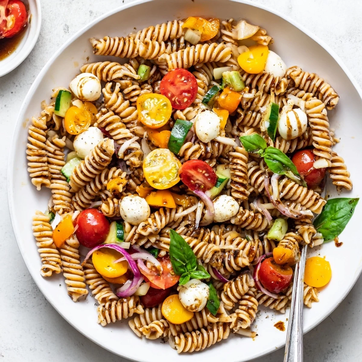 Colorful Caprese Pasta Salad with glossy cherry tomatoes, torn basil, and creamy mozzarella