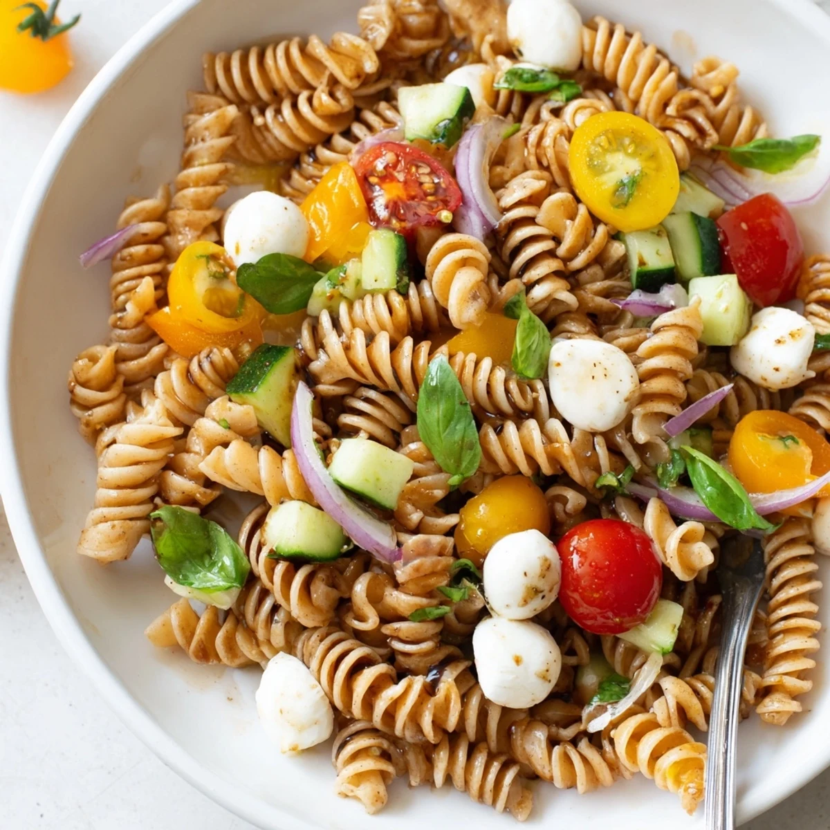 Bowl of Colorful Caprese Pasta Salad chilled, tangy balsamic dressing, crisp cucumber
