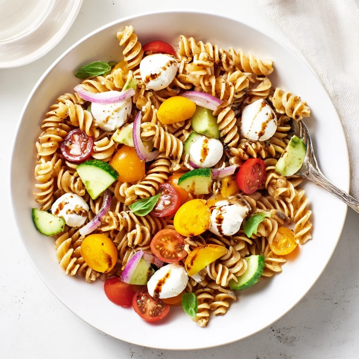 Serving-ready Colorful Caprese Pasta Salad tossed with olive oil, fragrant garlic, basil