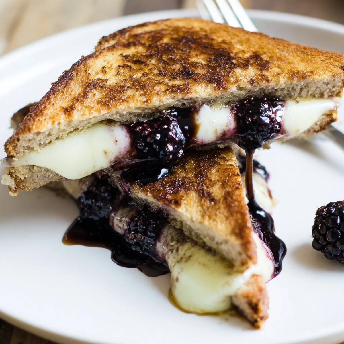 Blackberry Balsamic and Brie Grilled Cheese, golden bread hugging melted creamy Brie.