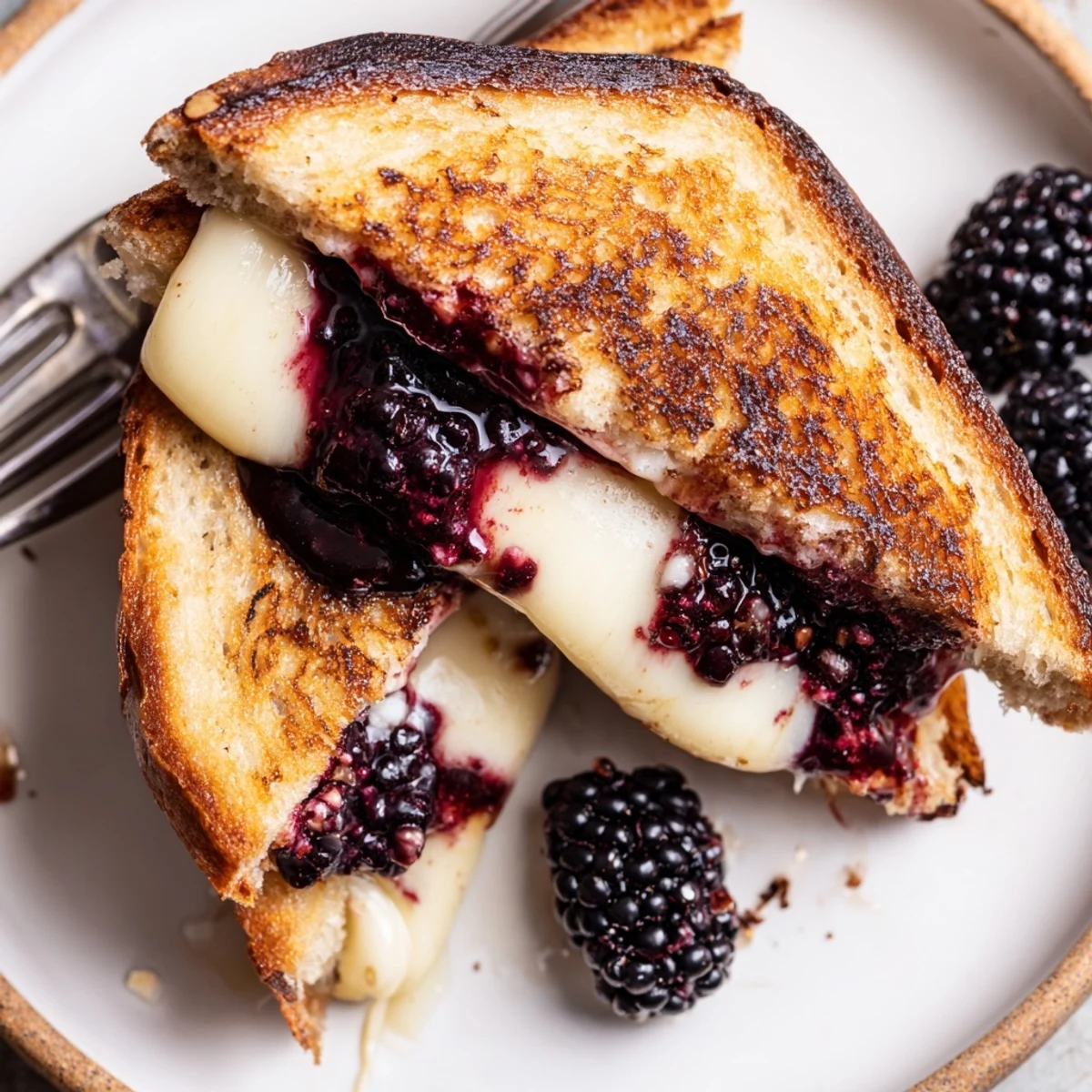 Warm Blackberry Balsamic and Brie Grilled Cheese sliced, jammy blackberries oozing.