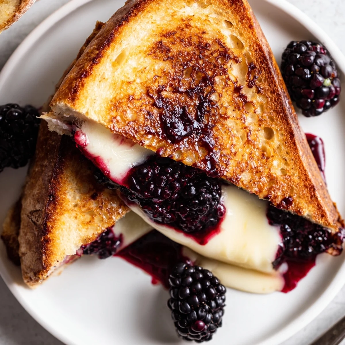 Sliced Blackberry Balsamic and Brie Grilled Cheese on cutting board, buttery edges.