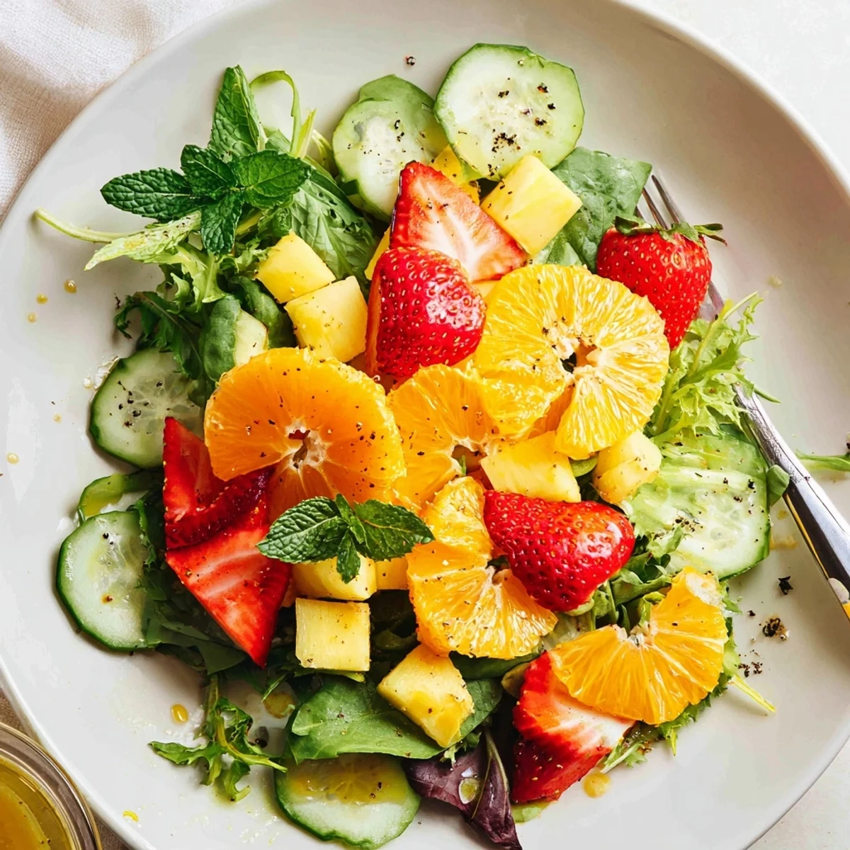 Fresh Sunshine Salad served immediately, crunchy cucumber, strawberries, and bell pepper
