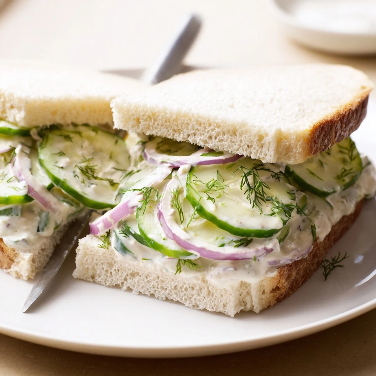 Open-faced Quick Cucumber Salad Sandwiches garnished with red onion, zesty lemon tang, chilled