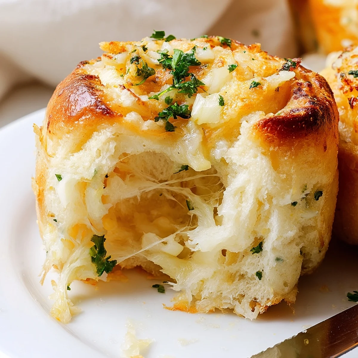 Freshly baked Buttery Cheese Garlic Rolls, pillowy interior, garlicky butter brushed top