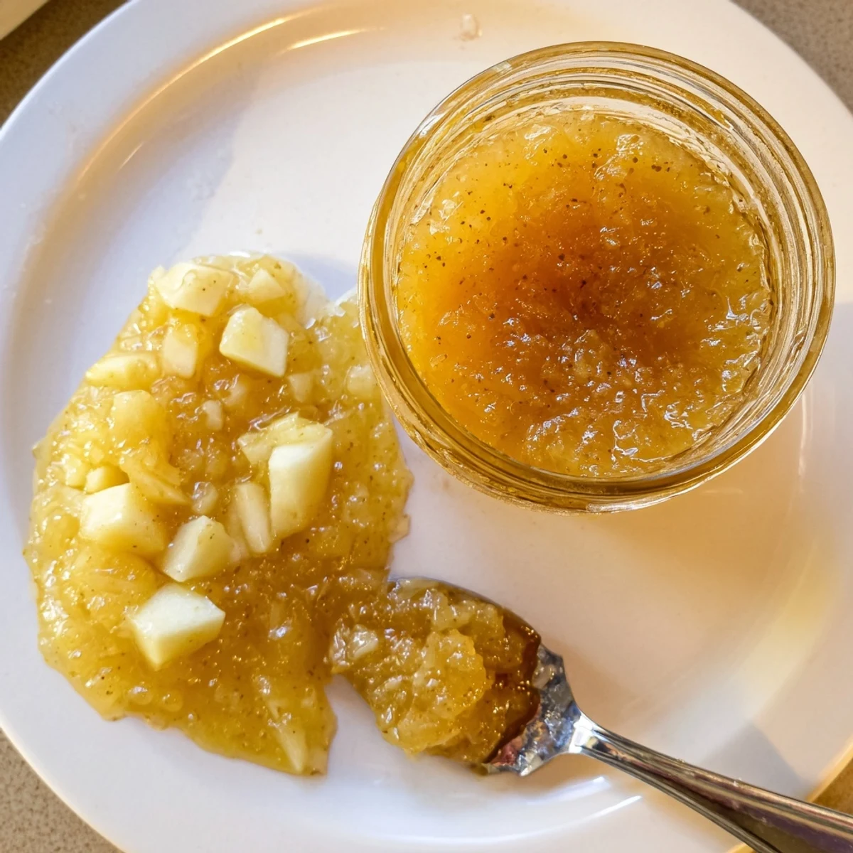 Fall Caramel Apple Jam glistening golden, chunky apples, spiced aroma on toast