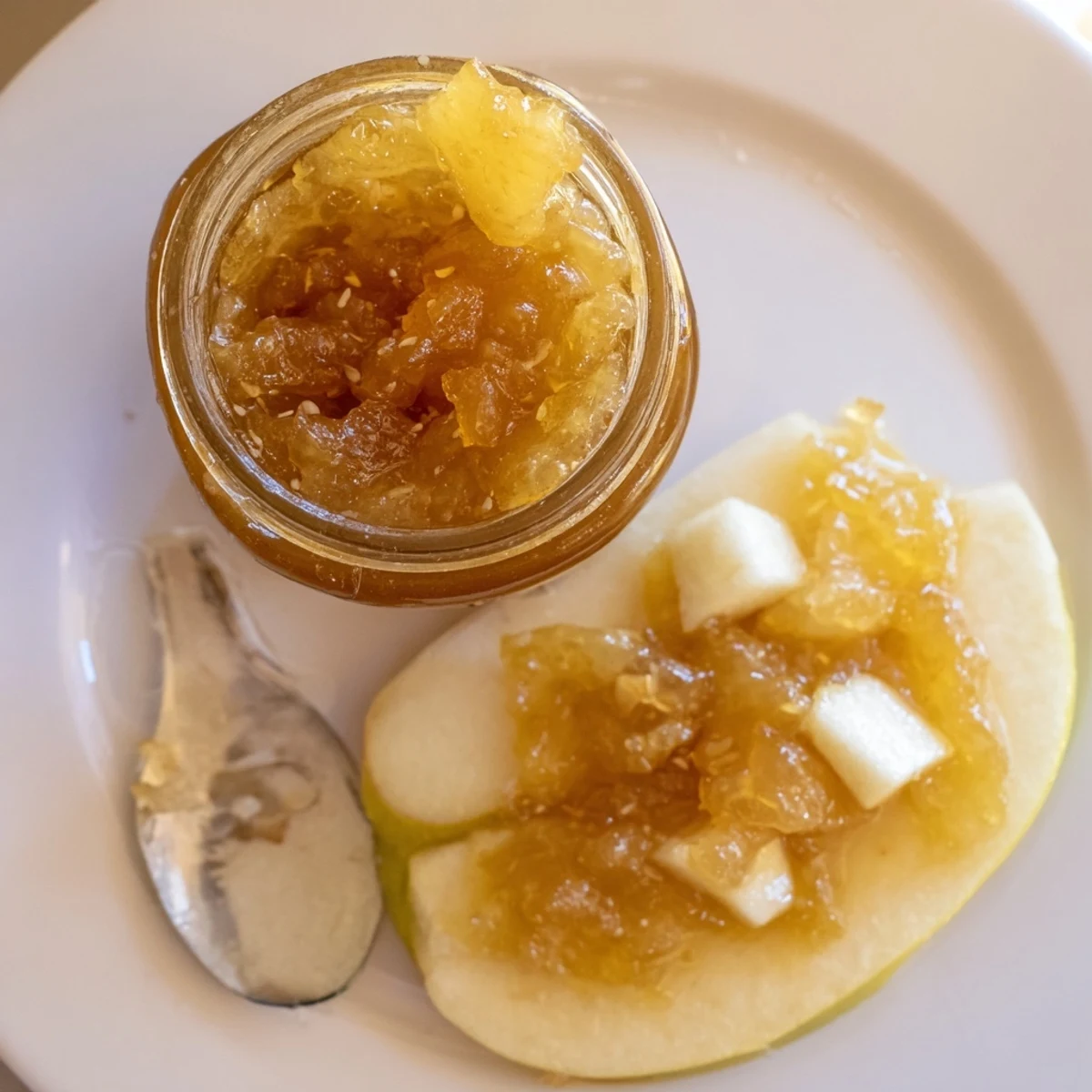 Spoonful of Fall Caramel Apple Jam with cinnamon flecks, spreadable warmth on biscuits