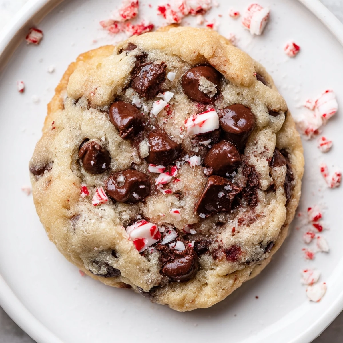 Warm Peppermint Chocolate Chip Cookies cooling on rack, glistening crushed candy