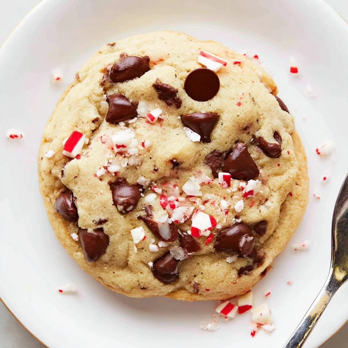 Stack of freshly baked Peppermint Chocolate Chip Cookies with melting chocolate chips
