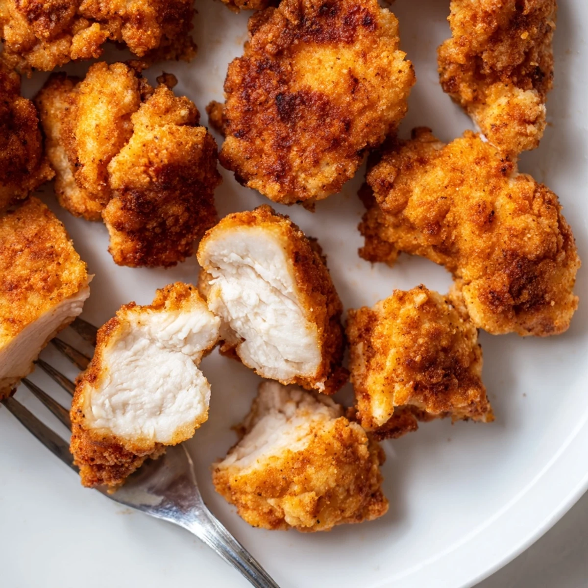 Crispy golden Chicken Bites piled on a plate, steaming, served with ranch.