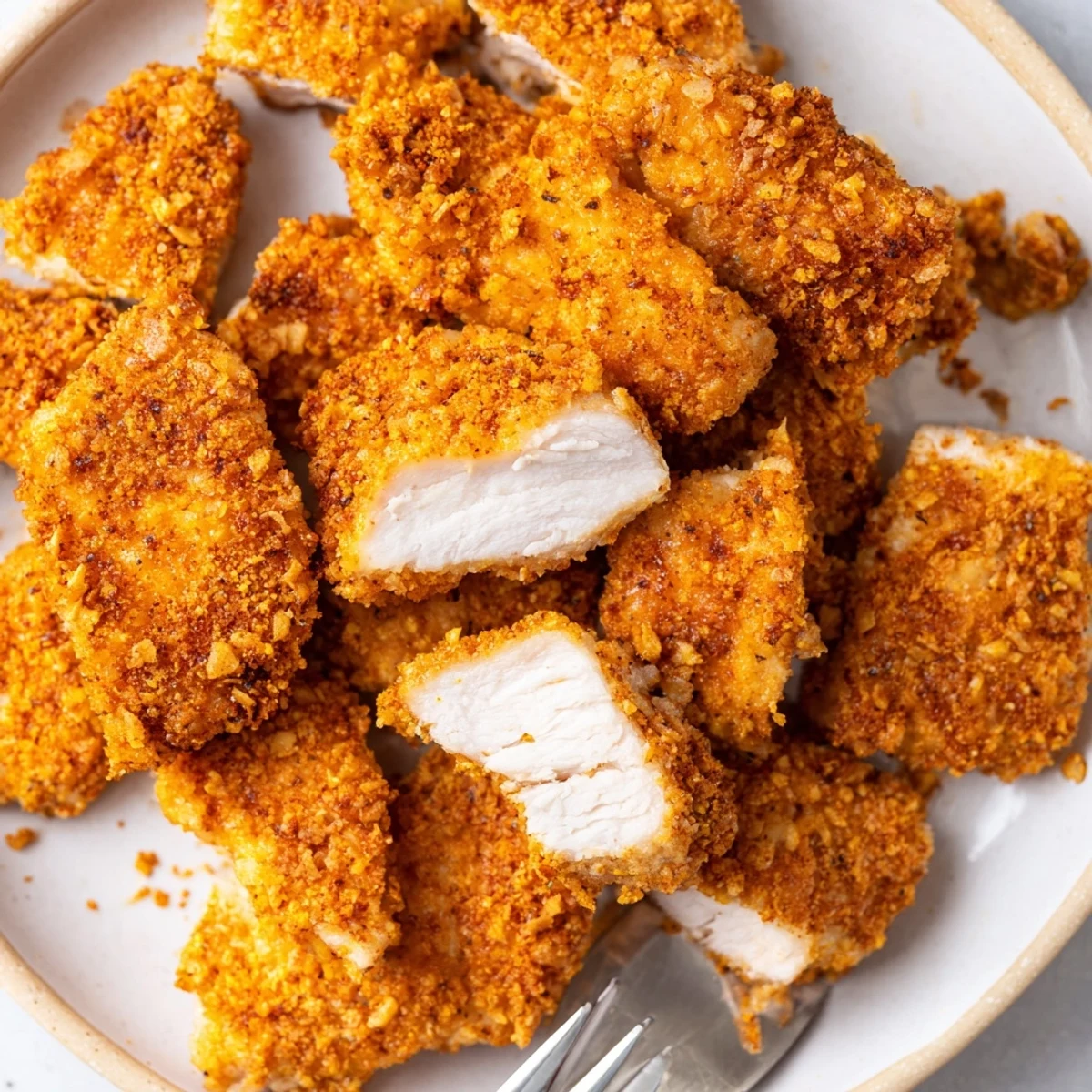 Bite-sized Chicken Bites with golden crust, tender interior, served with honey-mustard.
