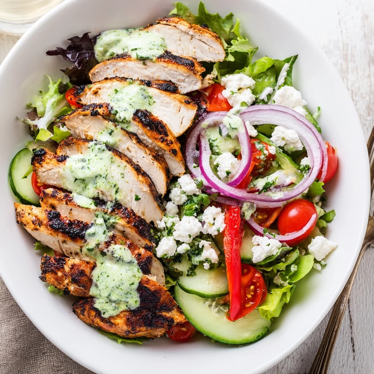 Grilled Chicken Salad with Avocado Herb Dressing, charred chicken and crisp greens.