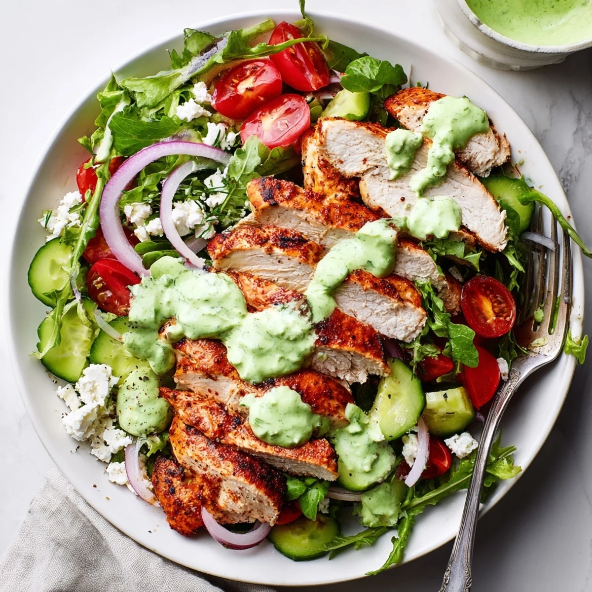 Zesty Grilled Chicken Salad Avocado Herb Dressing drizzled over warm sliced chicken and feta.