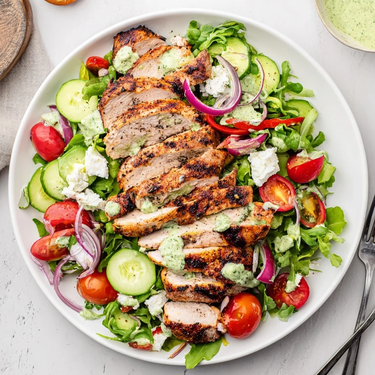 Summer lunch plate: Grilled Chicken Salad Avocado Herb Dressing served with lime and greens.