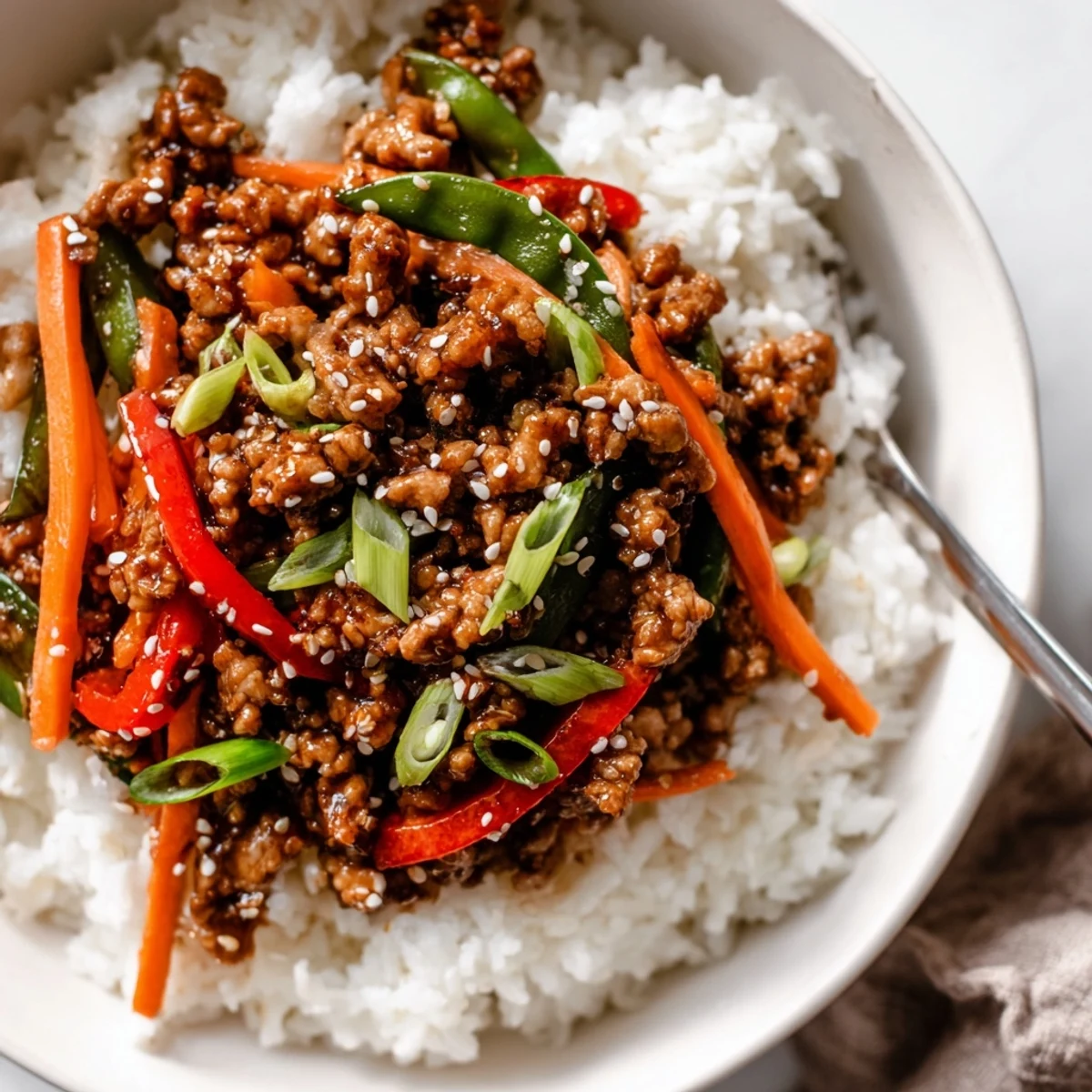 Teriyaki Turkey Rice Bowls with glossy sauce, crisp snap peas, sliced green onions
