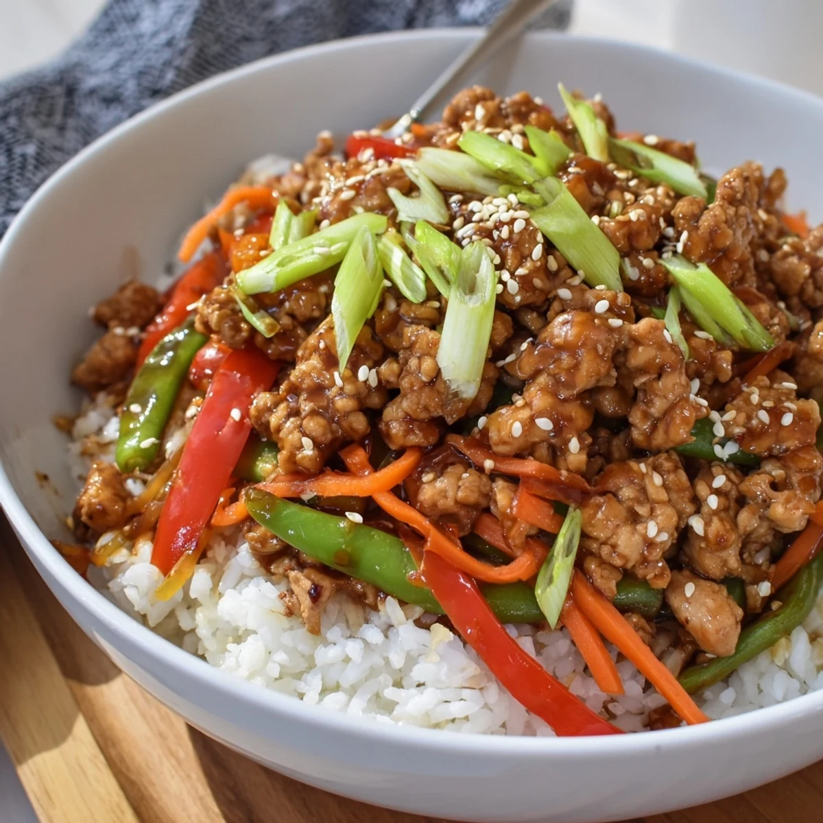 Glazed Teriyaki Turkey Rice Bowls steaming atop fluffy jasmine rice, sesame garnish