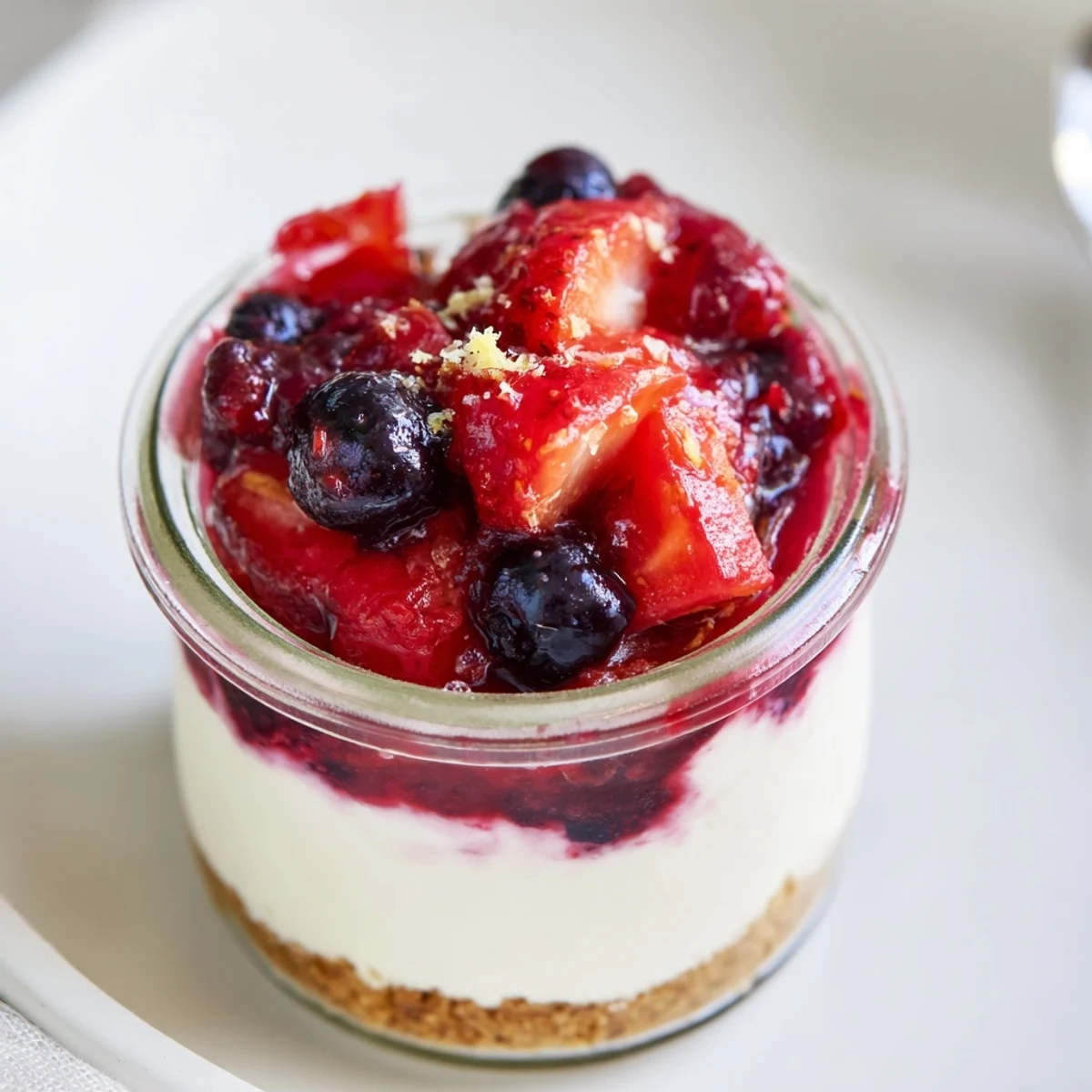 Berry No Bake Cheesecakes with glossy berry compote atop creamy, chilled biscuit layers