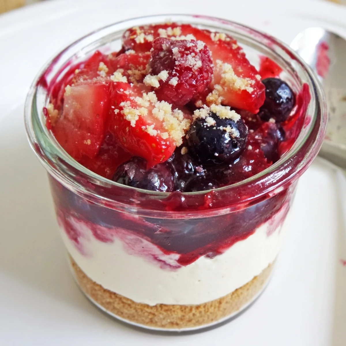 Chilled Berry No Bake Cheesecakes garnished with fresh strawberries and lemon zest
