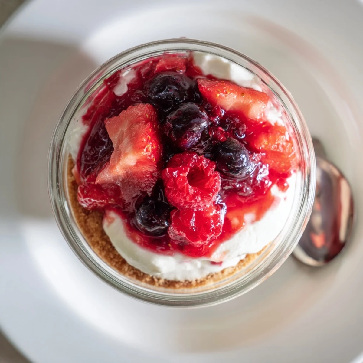 Individual Berry No Bake Cheesecakes served in glasses, crunchy base, silky filling