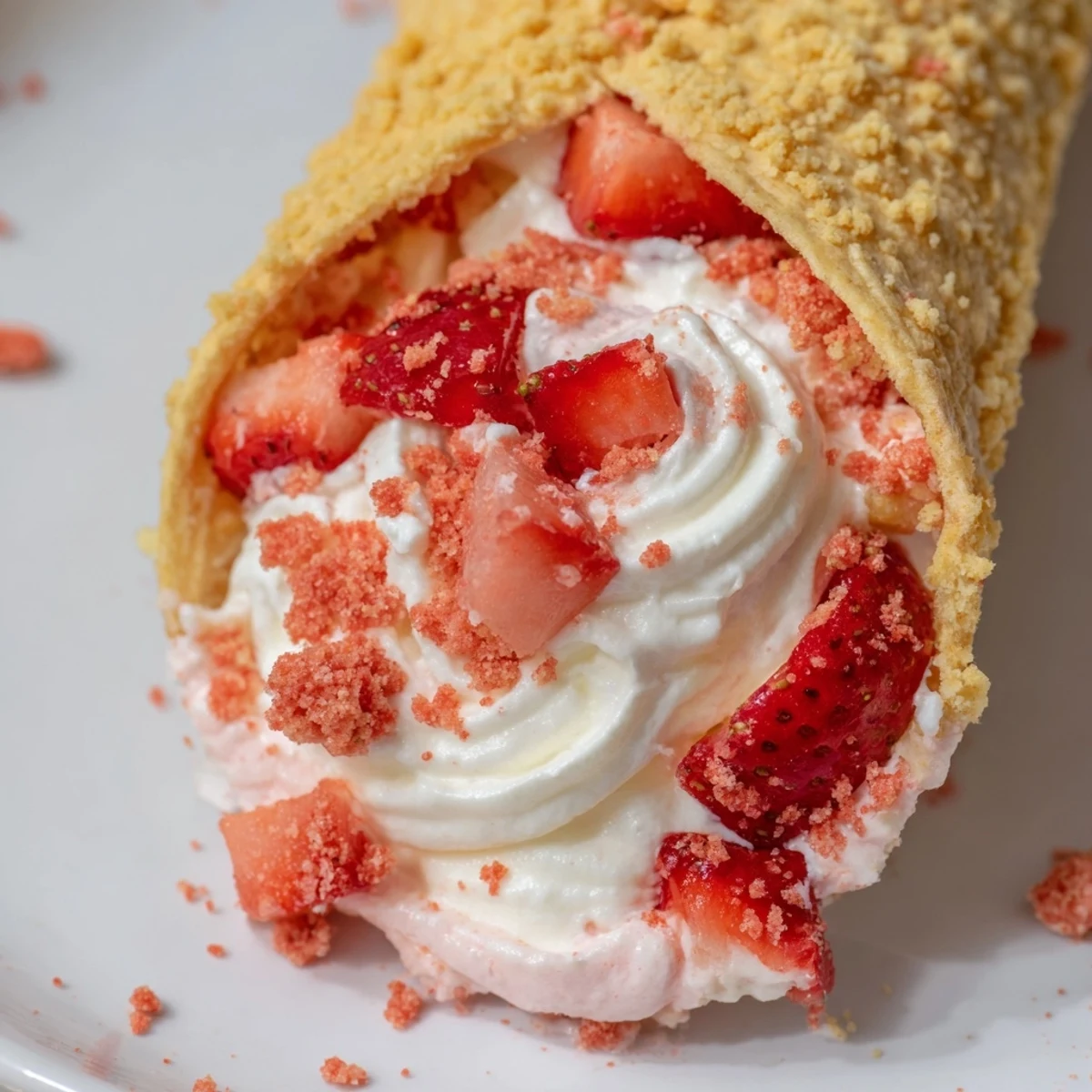 Strawberry Crunch Cheesecake Tacos with creamy filling, diced berries, golden crisp shells