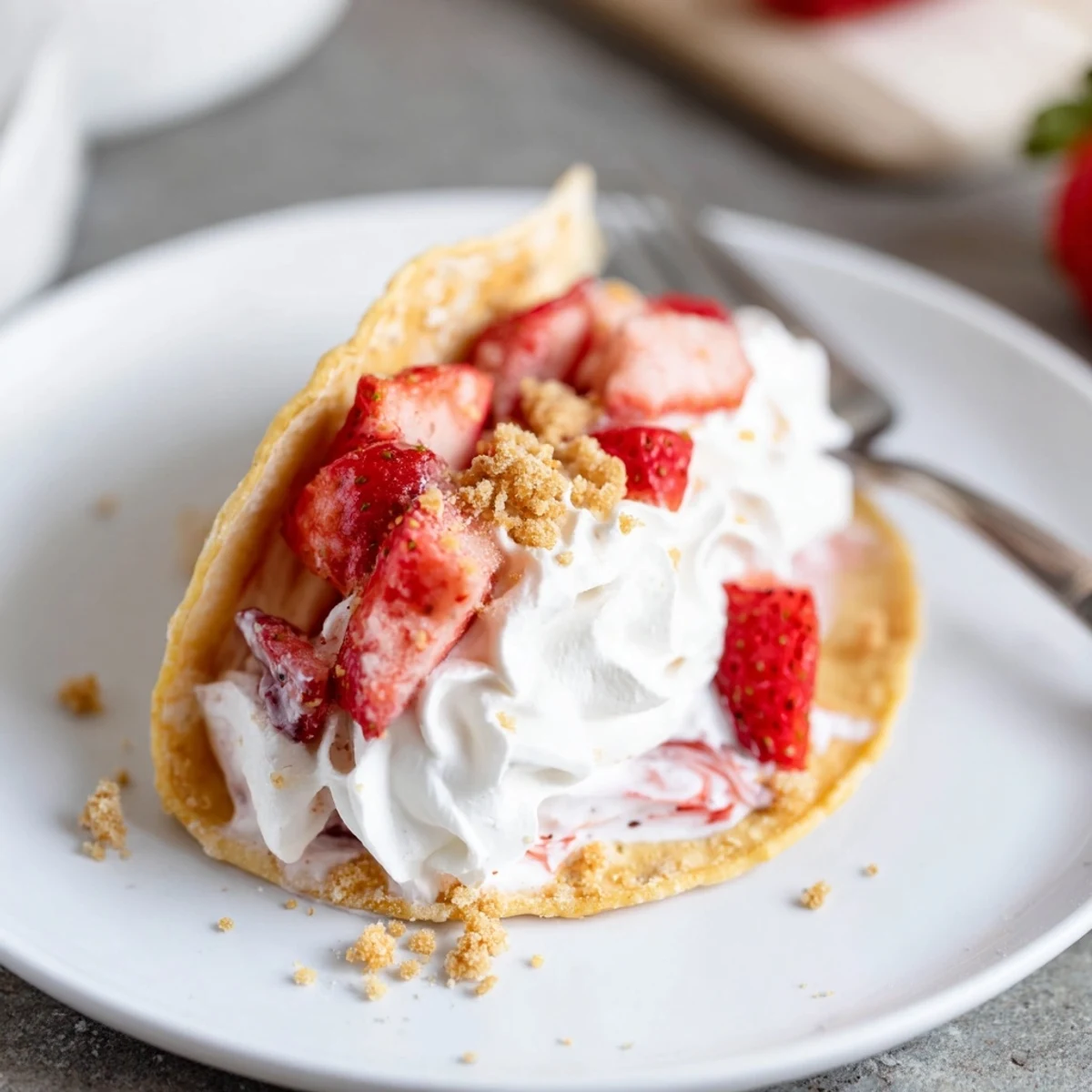 Bite sized Strawberry Crunch Cheesecake Tacos served chilled, crunchy rims and velvety filling