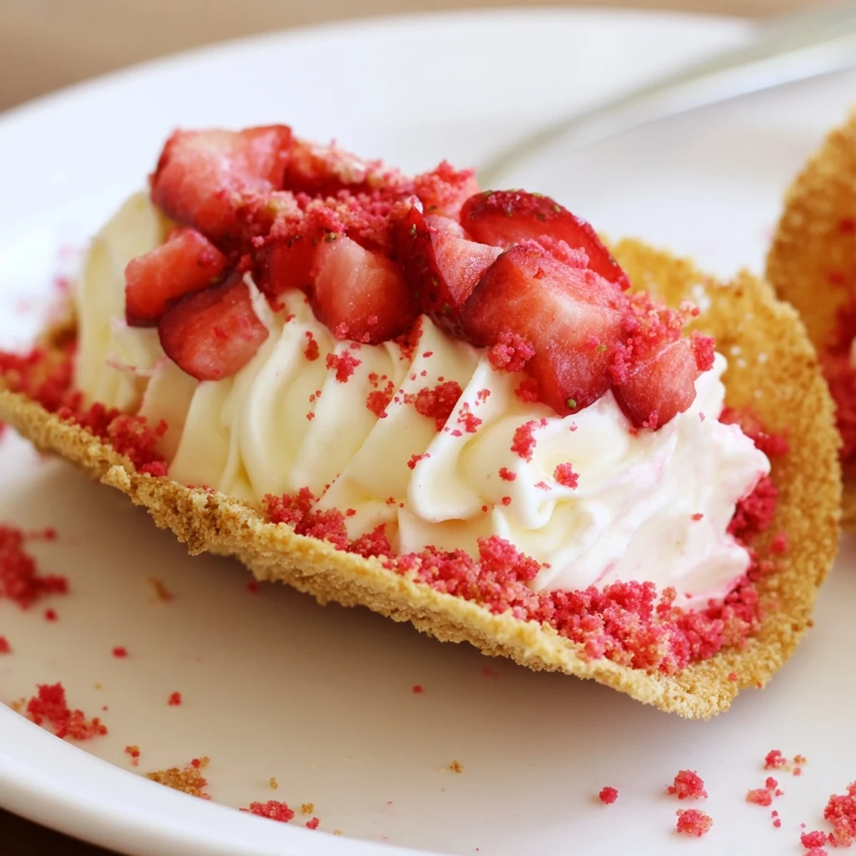 Party ready Strawberry Crunch Cheesecake Tacos piped filling, fresh strawberries, buttery cinnamon shells