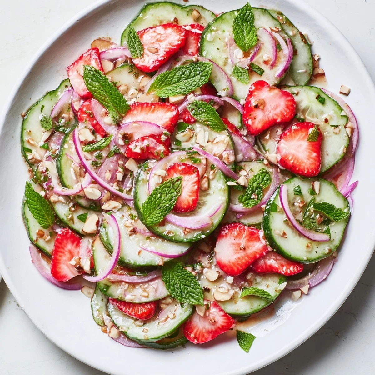 Cucumber Strawberry Salad recipe: crisp cucumber, sweet berries, mint, light balsamic drizzle