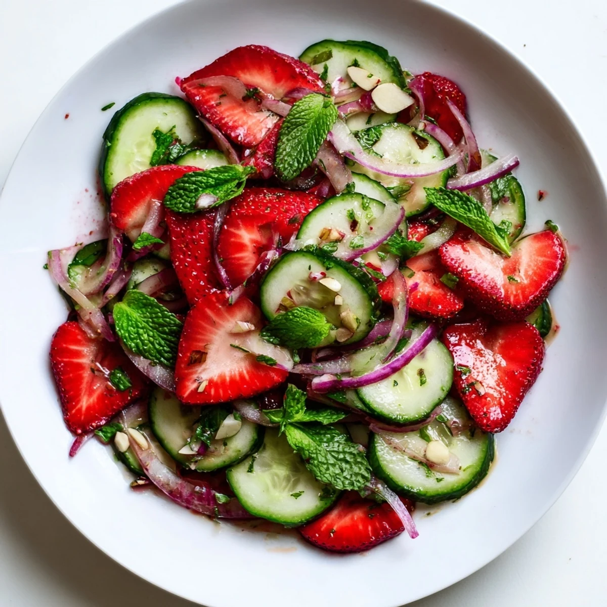 Bright Cucumber Strawberry Salad chilled for summer lunches, tossed with honey-balsamic