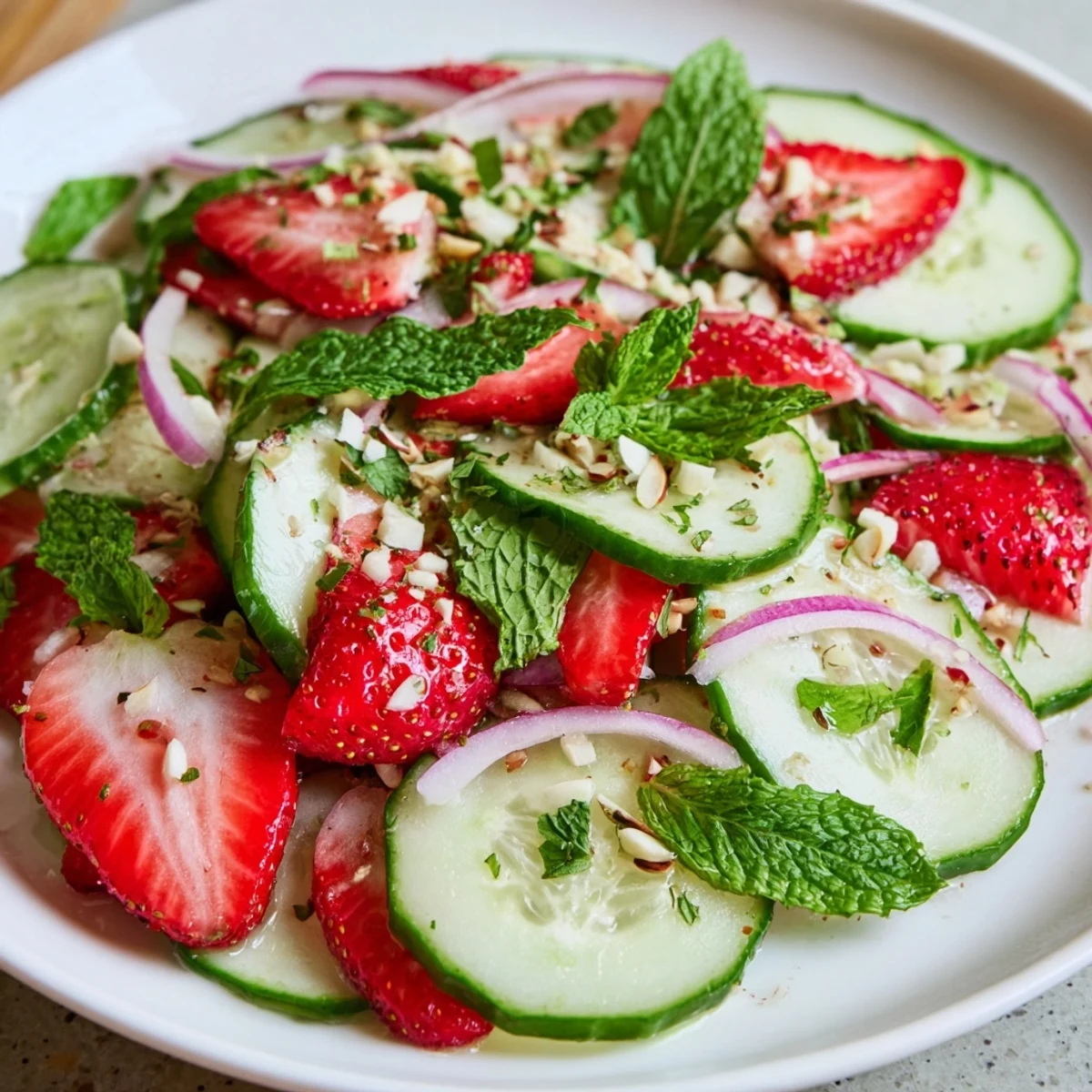Fresh Cucumber Strawberry Salad served with crumbled feta and toasted almonds