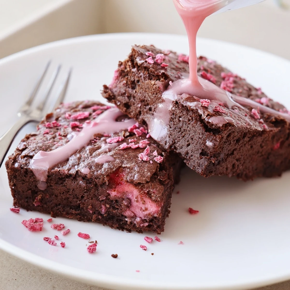 Strawberry Brownies Recipe showing fudgy squares topped with glossy strawberry glaze