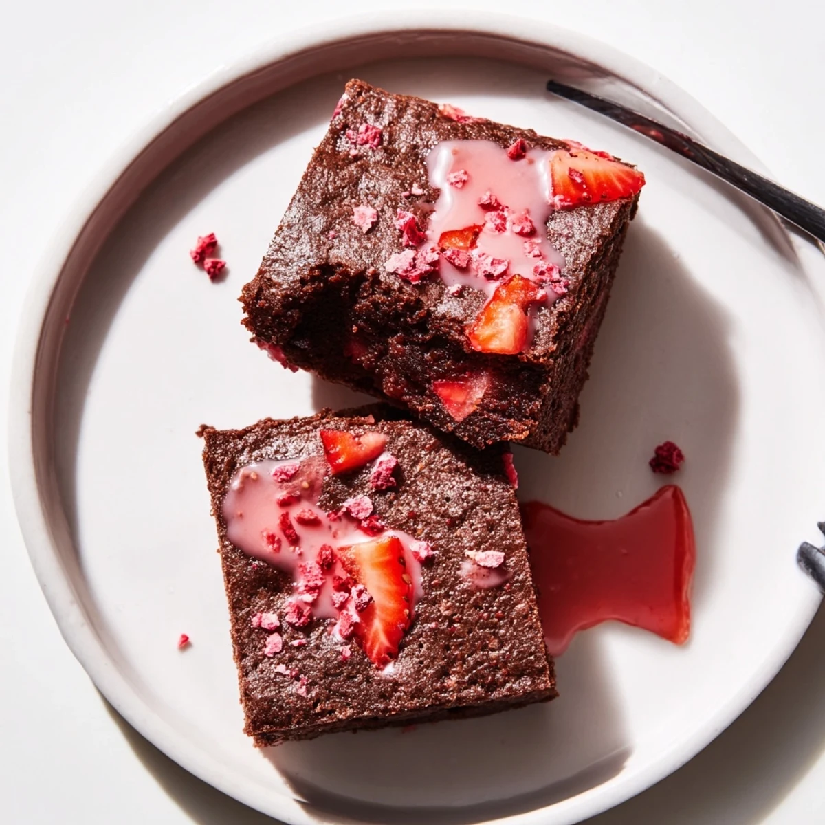 Close-up of Strawberry Brownies Recipe cut into warm, juicy-centered dessert squares