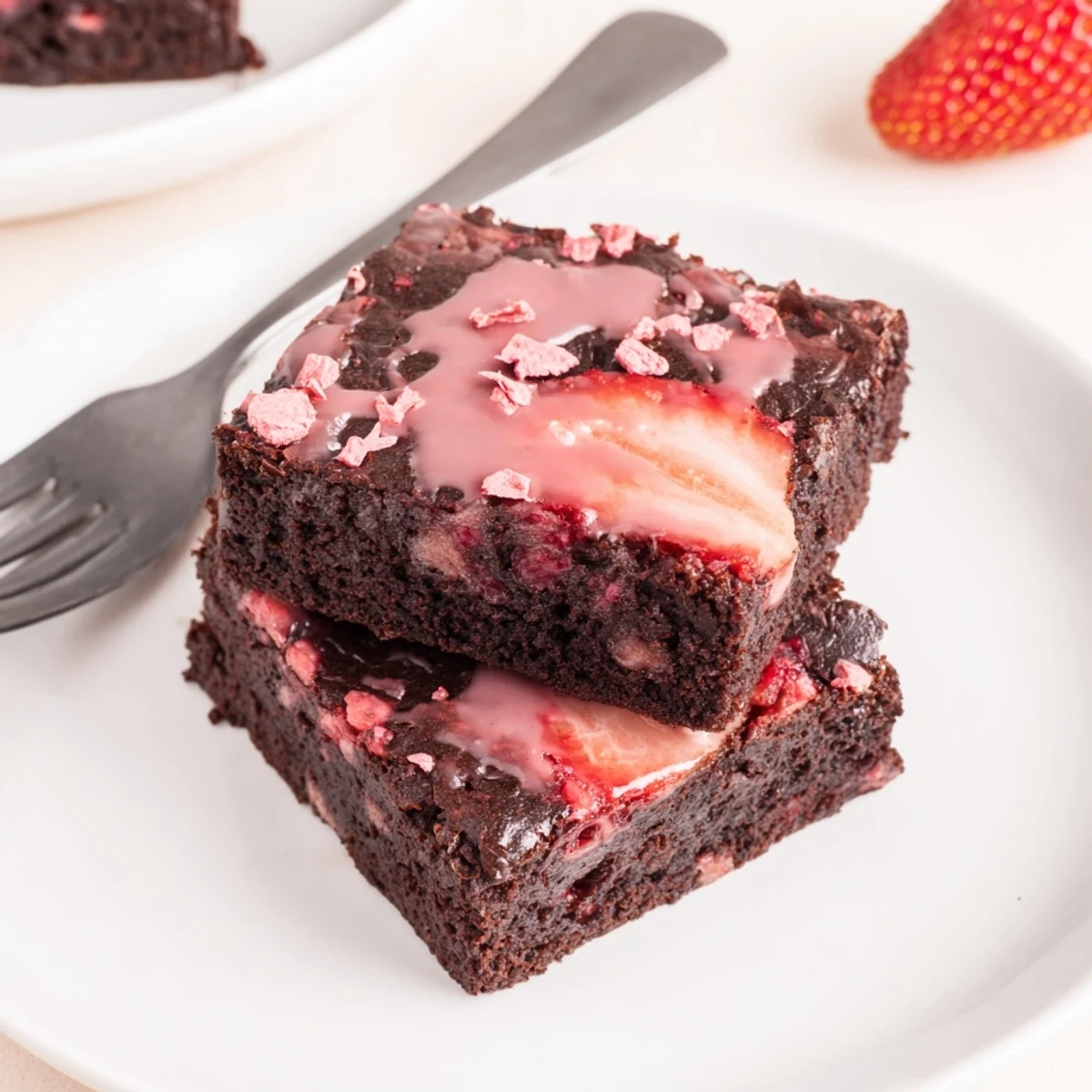 Plated Strawberry Brownies Recipe alongside whipped cream and fresh sliced strawberries
