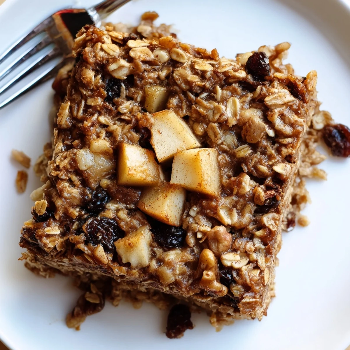 Fresh-baked Apple Cinnamon Oatmeal Bake on a plate, served with milk